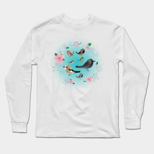 A collection of cute birds in a floral wreath Long Sleeve T-Shirt